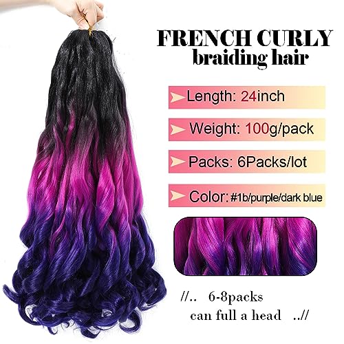 WIPPORYA French Curly Braiding Hair 24 Inch - 6 Packs, 1B Purple & Dark Blue