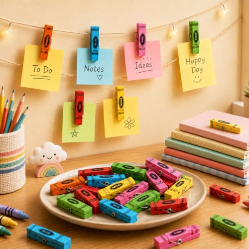 100 Pack Mini Crayon Wooden Clothespins with Jute Twine