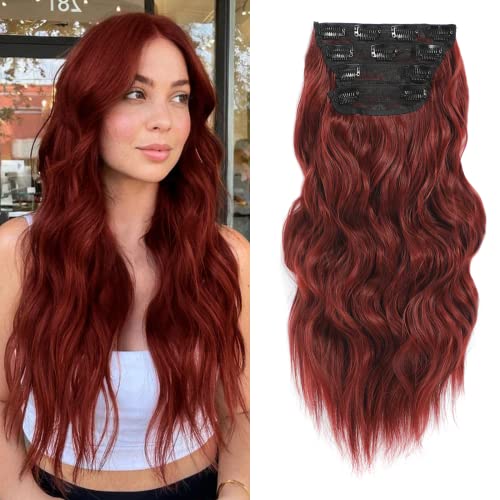 NAYOO 20-Inch Wavy Clip-In Hair Extensions - Wine Red Synthetic Fiber