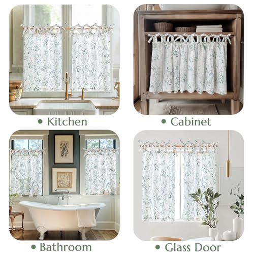Floral Tie Top Kitchen Curtains - 36 Inch, Sage Green, 2 Panels
