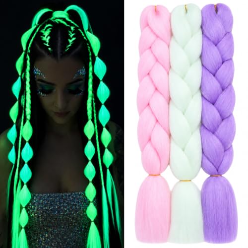 Orgwigs 24 Inch Colorful Glow in Dark Braiding Hair Extensions - White Pink Purple 3 Pack