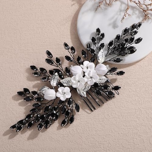 Black Rhinestone Wedding Hair Comb with White Flower Bridal Headpiece