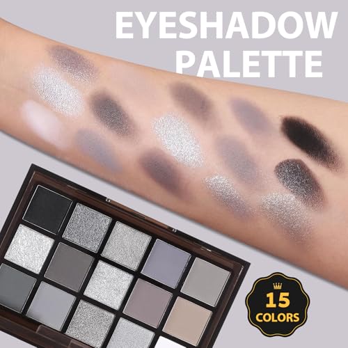 Black Smokey Grey 15-Color Eye Shadow Palette – Matte & Shimmer, Long-Lasting Pigment (Variation: black, grey) by PPPanYiDi