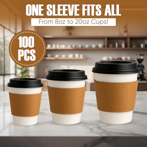 Kraft Paper Coffee Cup Sleeves - Insulated Hot Drink Holders, 100 Pack