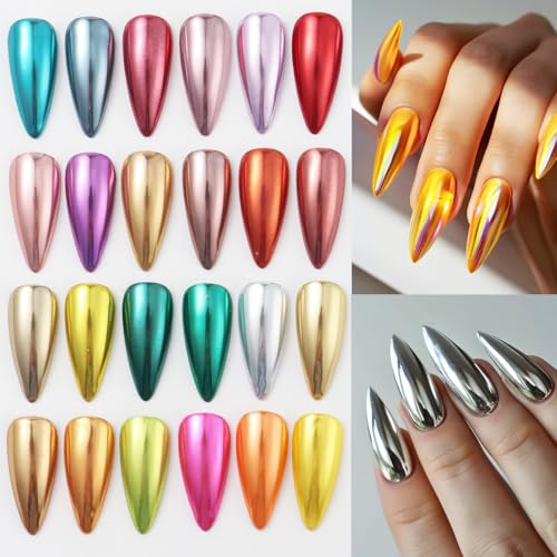 24Pcs Chrome Nail Powder Set with Mirror & Holographic Finishes, Professional Nail Art Kit