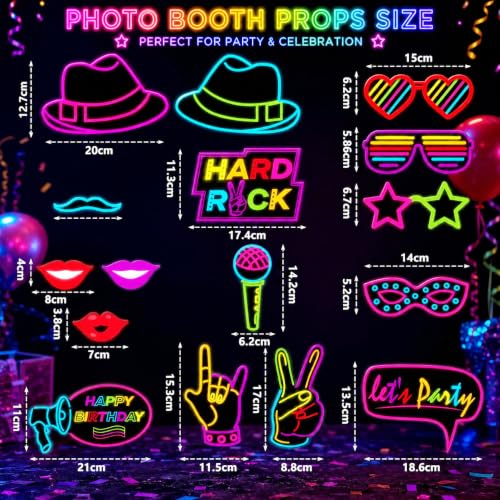 16 Pcs Neon Photo Booth Props for Birthday & Disco Parties