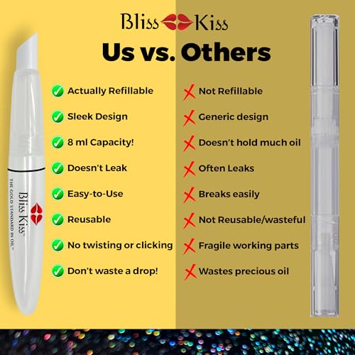 Bliss Kiss Refillable Cuticle Oil Pen with Cuticle Pusher for Nails | Empty 8 ml Nail Oil Pen with soft brush applicator | No Leaks 1-Pack