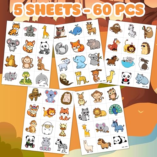 Zoo Safari Temporary Tattoos - 60 Pre-Cut Animal Designs for Kids