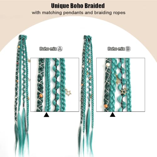 Eliza Green Braid Hair Extensions - 20" Clip-In Dreadlocks with Beads