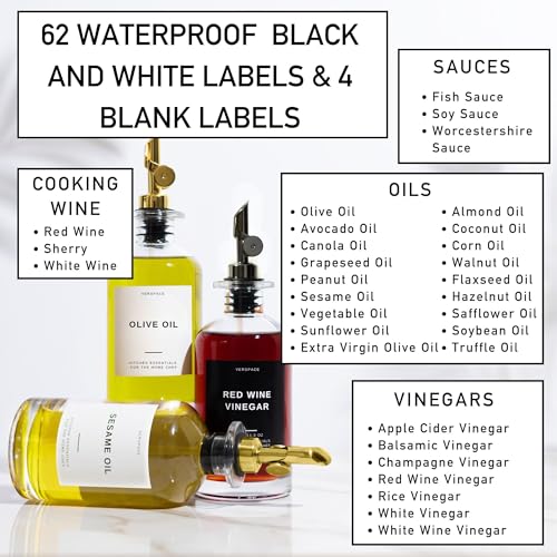 Premium Black & White Oil Vinegar Labels Set - 66 Waterproof Stickers