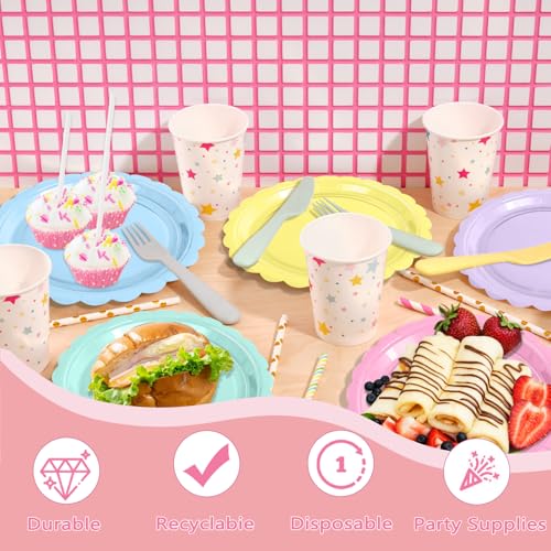 72 Pcs Pastel Scalloped Paper Plates - 7 Inch Disposable Rainbow Party Tableware