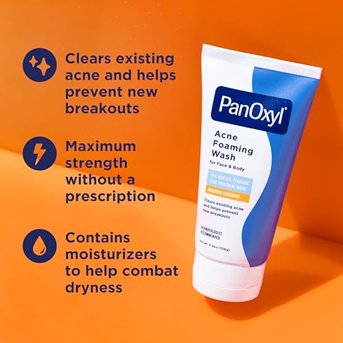 PanOxyl 10% Benzoyl Peroxide Acne Foaming Wash - Maximum Strength Cleanser for Face and Body, 5.5 Oz