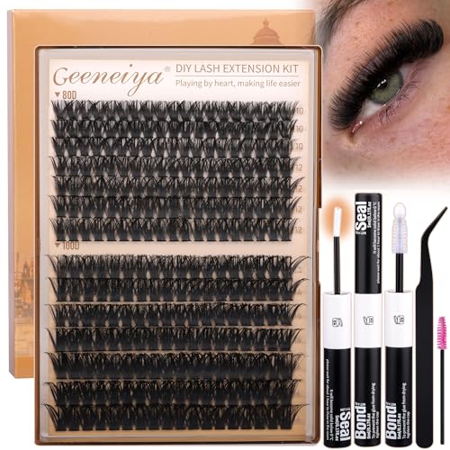 Geeneiya White Lash Bond & Seal Kit with Cluster Lashes 10-16mm DIY Eyelash Extensions