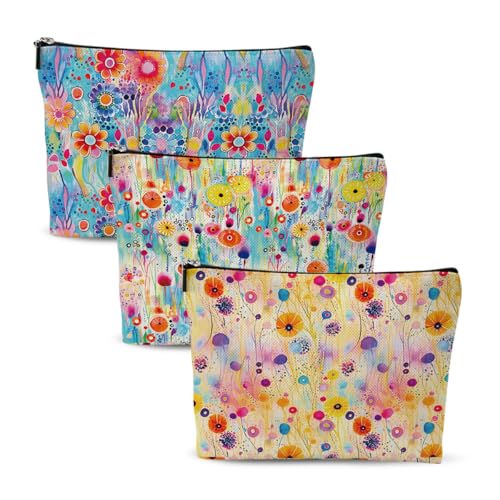 3-Piece Watercolor Floral Cosmetic Bag Set - Cotton Linen Travel Organizer
