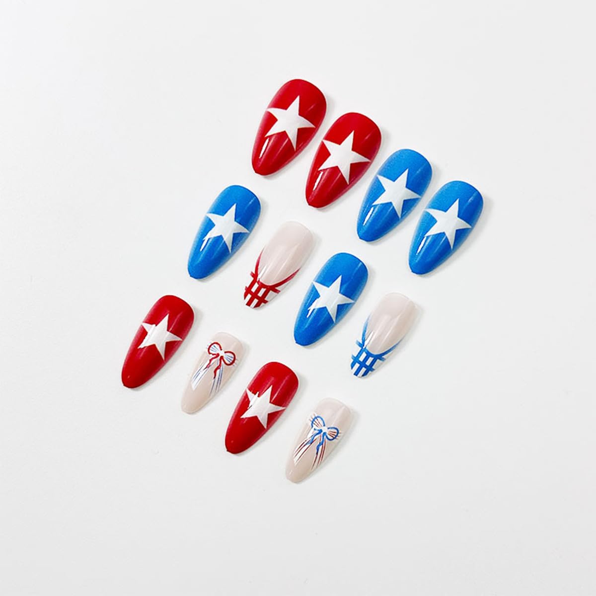 24Pcs 4th of July Press on Nails Medium Almond French Tip Fake Nails Patriotic Red White Blue False Nails with Star Bow Designs Independence Day Acrylic Glue on Nails for Women Holiday Nail Decoration