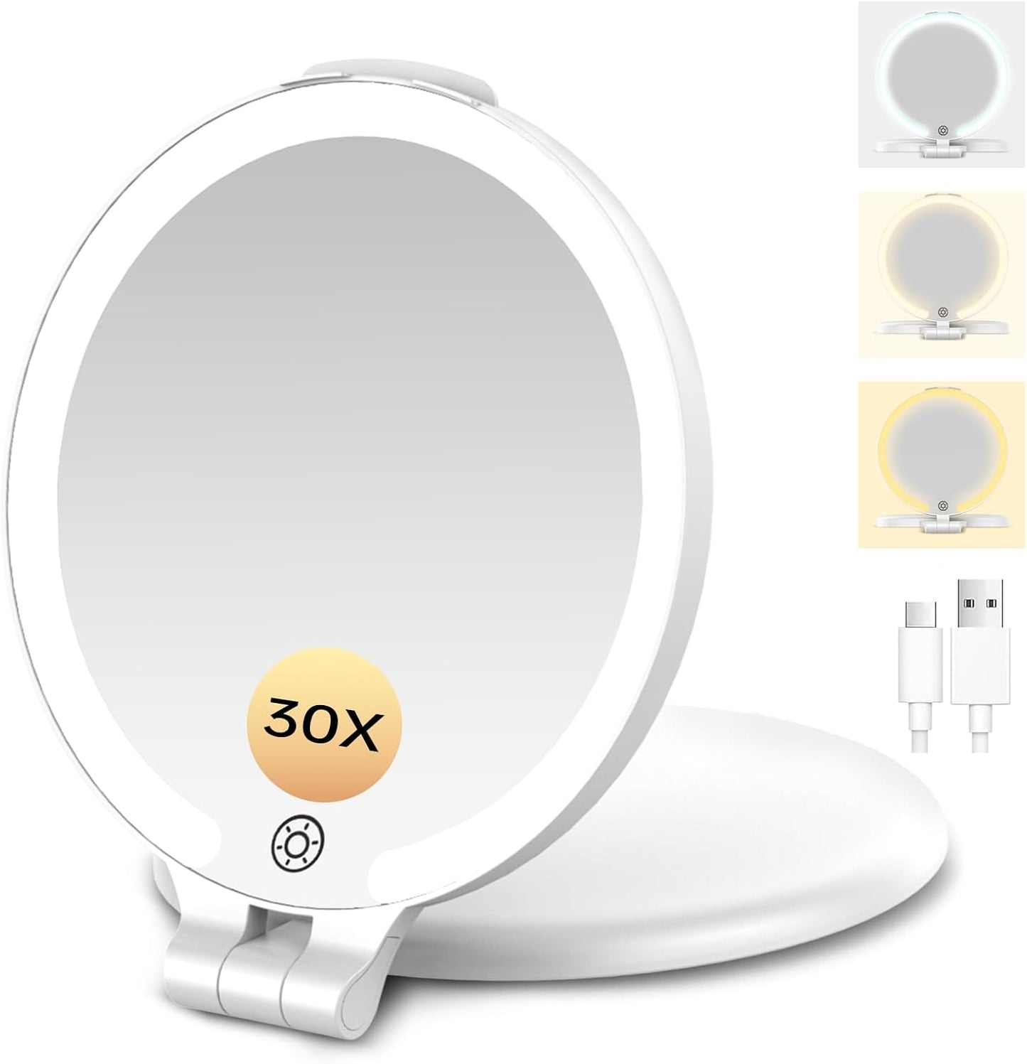 Travel Mirror with Light - 1X/10X Rechargeable Makeup Mirror | 7'' Double-Sided, 3 Color Lighting Modes, Portable Vanity - Black