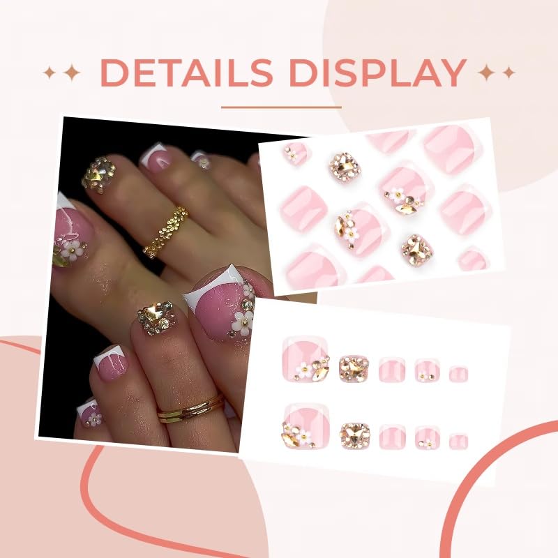 24 Pcs Gold Glitter Press On Toenails with Flower Designs