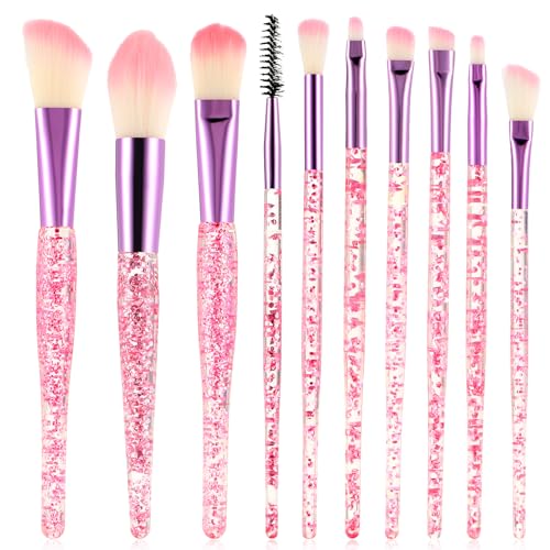 WLLHYF 10-Piece Glitter Crystal Makeup Brush Set - Bling Brushes for Foundation, Eyeshadow, and Blush