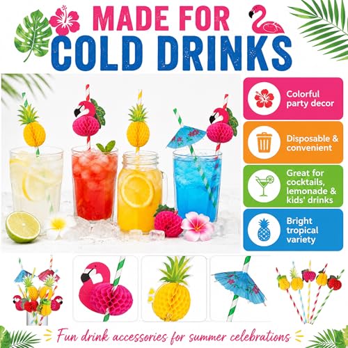 Tropical Party Straws Set - 100PCS 3D Flamingo & Pineapple Straws