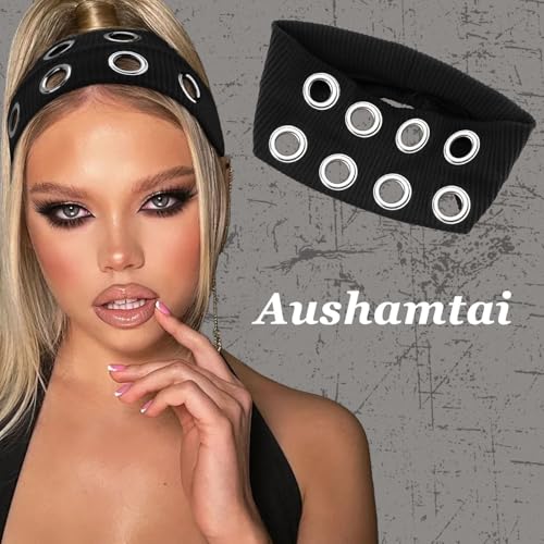 Aushamtai Black Hollow Out Grommet Headband for Women Girls Y2K Punk Grunge Fashion