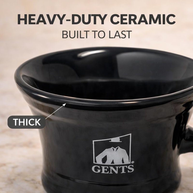 G.B.S GENTS Heavy Duty Black Ceramic Shaving Bowl, Mug with Natural Shave Soap – for use with up to 3” Shaving Soaps and Lathering Shave Cream Cup – Pommel Handle (Black)
