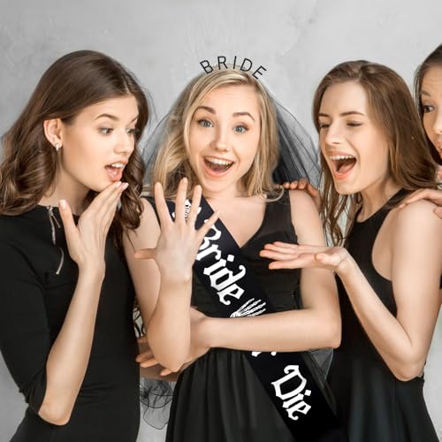 KICOSY Bride or Die Bachelorette Party Set - Black Bride Headband Sash & Veil - Variation: bride 3