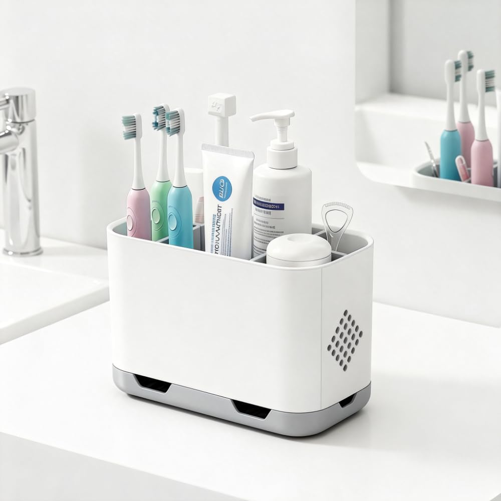 Toothbrush Holder - Bathroom & Kitchen Sink Organizer with Drain Tray | Sponge, Soap & Scrubber Storage Rack