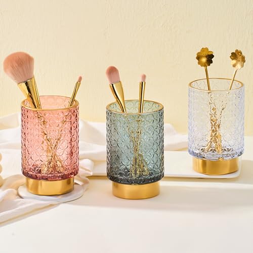 Vintage Glass Makeup Brush Holder with Gold Metal Base - Desk Organizer