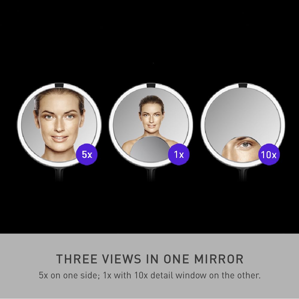 simplehuman Sensor Mirror Trio, 1X 5X 10X Magnification, Round Rechargeable Beauty Makeup Mirror, Tru-Lux® Full-Spectrum Light, Dual Light Settings, Adjustable Brightness, Brushed Stainless Steel