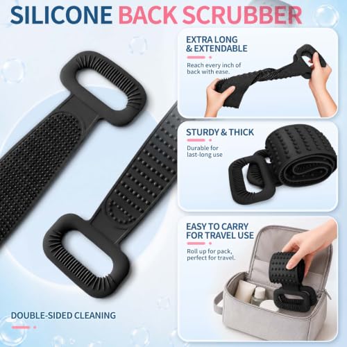 Extendable 36'' Silicone Back Scrubber for Shower - Black