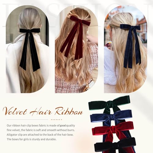 VOBOBE 4PCS Velvet Hair Bows for Girls & Women with Long Tails - Black, Red, Green, Navy