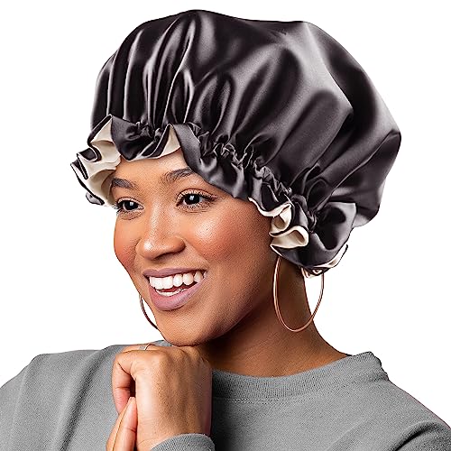 Large Satin Bonnet for Women - Adjustable Double Layer Night Cap (Black/Champagne)