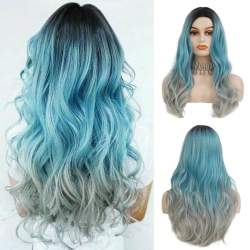 Ombre Blue Curly Wig for Women - Long Wavy Heat Resistant Hair
