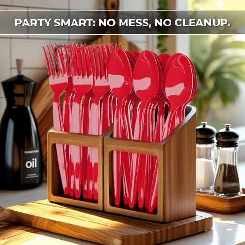 Red Plastic Spoon and Fork Set - 100 Durable Disposable Utensils