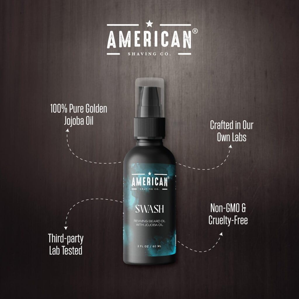 American Shaving Co. Swash Beard Oil for Men | Made With Jojoba Oil | Lightweight, Non-Greasy Beard Conditioner & Softener | Natural Oil for Thicker Beard | Beard care products for men | Made in USA