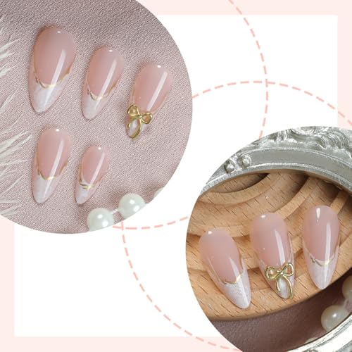 Sutaozhi French Tip Summer Nails Kit - 12 Medium Almond Fake Nails with 3D Bow & Gold Line Design, Glue-On False Nails for Women, 24Pcs