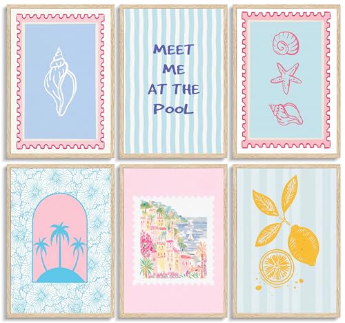 Coastal Wall Art Set - 6 Pcs Pink Blue Seashell Canvas Prints, 8x10