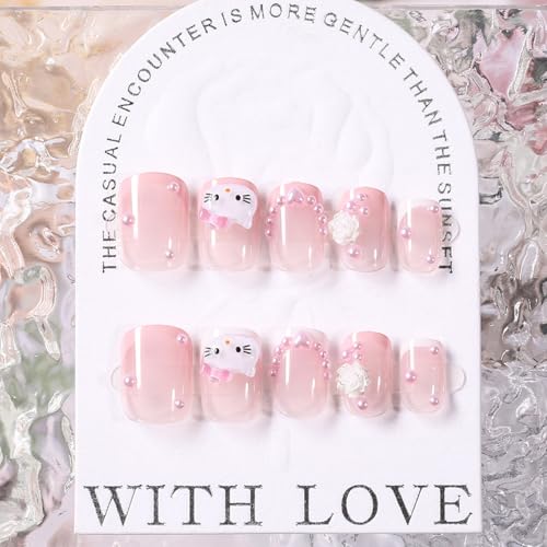 24 Pcs Nude Pink French Tip Press-On Nails Kit with 3D Pearl Design