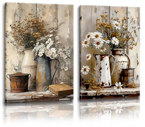 Farmhouse Daisy Canvas Wall Art Set - Vintage Floral Prints 12x16