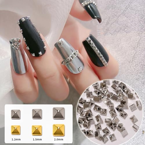 Square Spike Nail Charms Set - Black & Silver 3D Mini Studs with Pickup Pen & Tweezers (Variation: Square Spike - Silver&Black) HYWWPFLAY