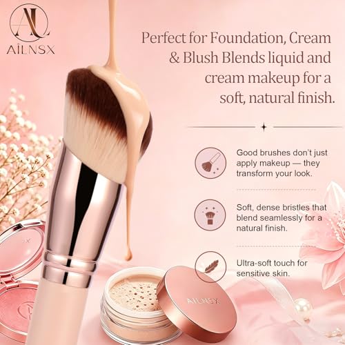 AILNSX Pink Angled Foundation Brush for Liquid, Cream & Powder Makeup - Dense Soft Bristles, Contour, Blush & Bronzer - F212