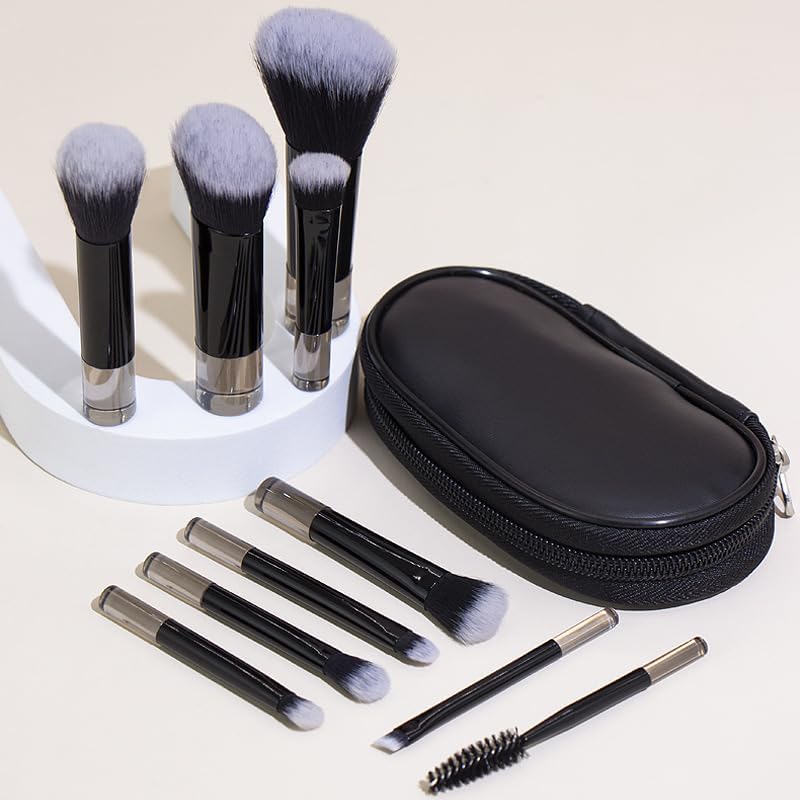COSHINE Black Portable 10-Piece Makeup Brush Set with Pouch - Travel-Friendly Cosmetic Brushes