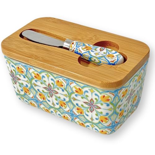 Boho Ceramic Butter Dish with Lid & Knife - 16oz Capacity