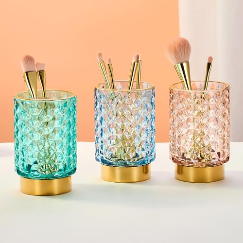 Pink Multifunctional Glass Brush Holder & Toothbrush Cup with Gold Base
