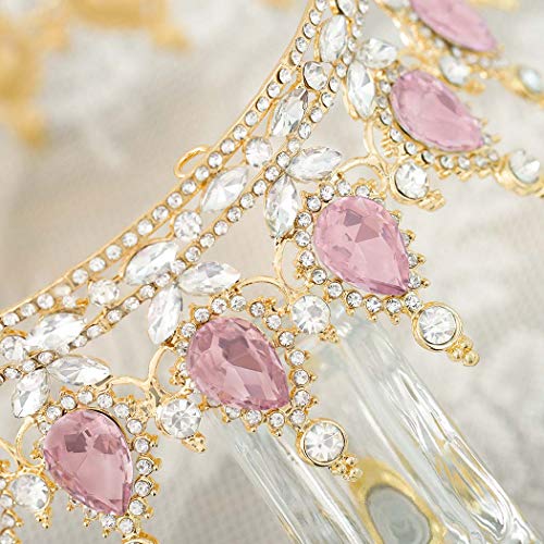 Foyte Pink Baroque Queen Crown Tiara for Wedding Brides Headpiece Rhinestone