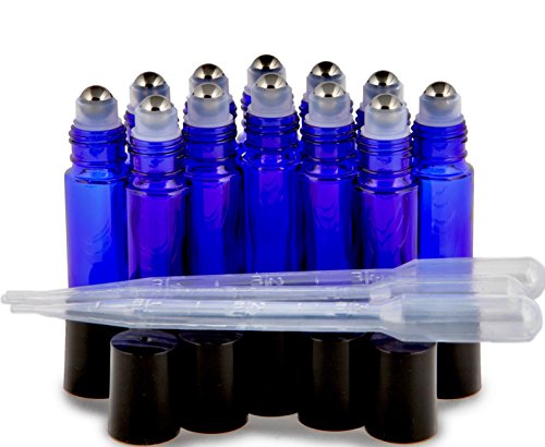 Vivaplex Cobalt Blue Glass Roll-On Bottles with Steel Rollers - 10ml, Pack of 12