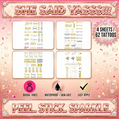 Bachelorette Party Waterproof Temporary Tattoos - Bride Tribe, Bridal Sayings, Glitter & Holographic Sheets
