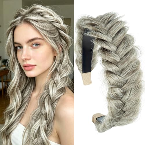 Light Grey Gold Wide Braided Headband for Women & Girls Non-slip Hair Accessory