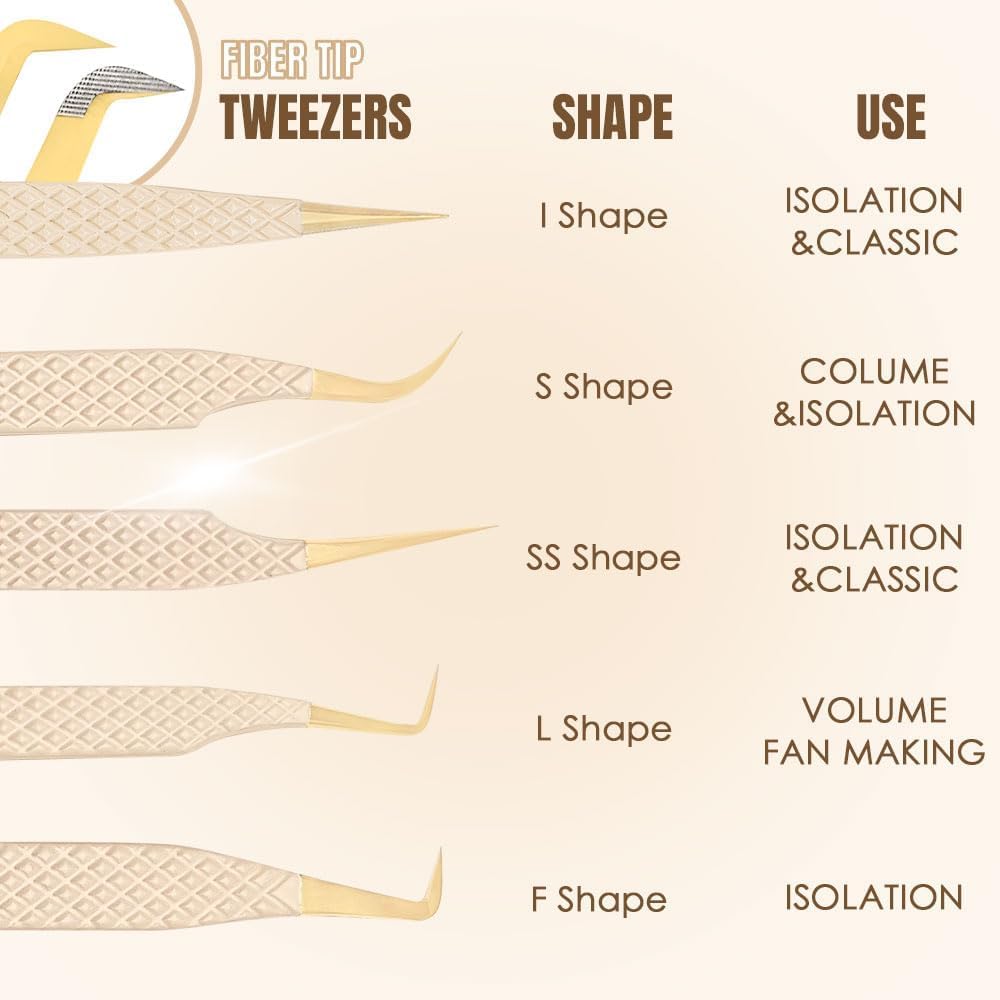 Beeutemaker Beige Fiber Tip Lash Tweezers for Eyelash Extensions – F Shape for Isolation, Professional Precision Tweezers for Lash Technicians