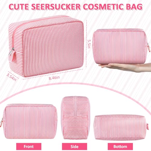 Sanwuta 3-Pack Seersucker Makeup Bags for Women - Pink, Blue, Green